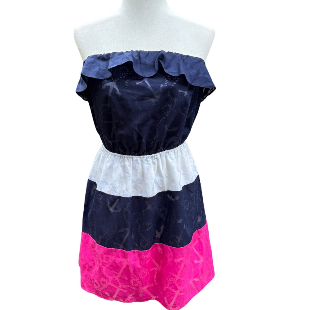 Lilly Pulitzer Libby Strapless Dress M Anchor Print Colorblock Nautical Summer - Picture 3 of 13